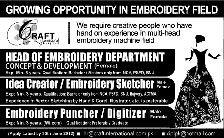 Embroidery Staff Required