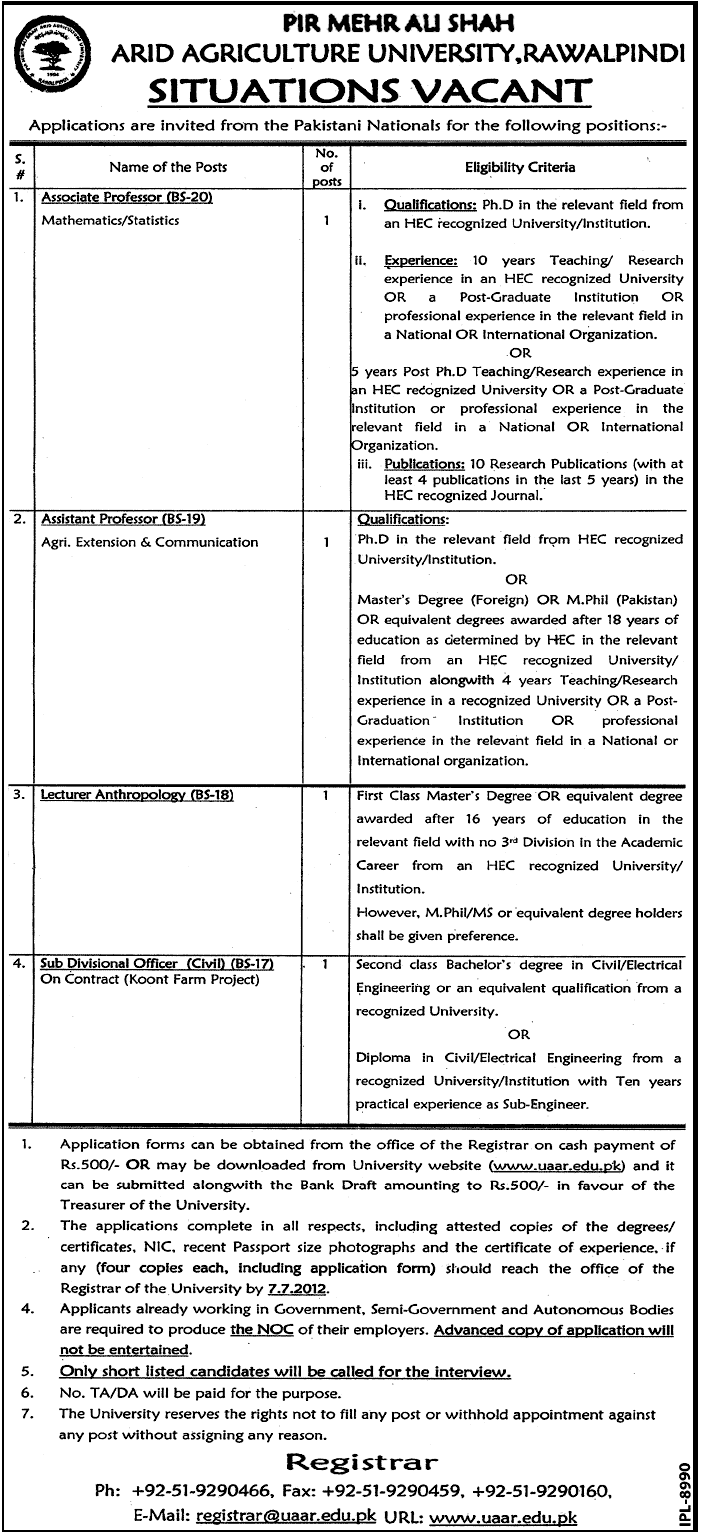 PMAS-UAAR (Pir Mehr Ali Shah Arid Agricultural University) Requires Teaching Staff and Sub Divisional Office Civil (Govt. job)