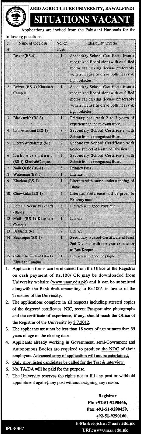 PMAS-UAAR (Pir Mehr Ali Shah Arid Agricultural University) Requires Admin, Technical Staff and Lower Scale Staff (Govt. job)