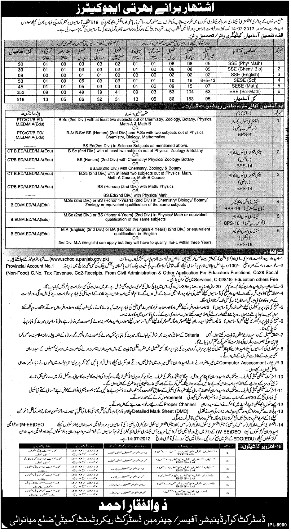 Teachers/Educators Required by Government of Punjab at Primary, Elementary, Secondary and Higher Secondary Schools (Mianwali District) (519 Vacancies) (Govt. Job)