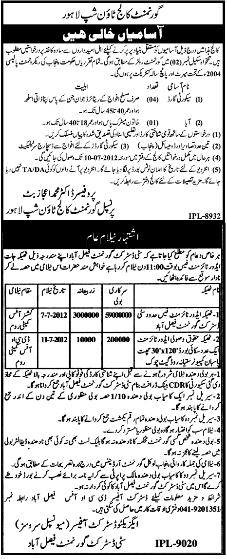 Security Guard and Aya Required at Government College (Govt. job)
