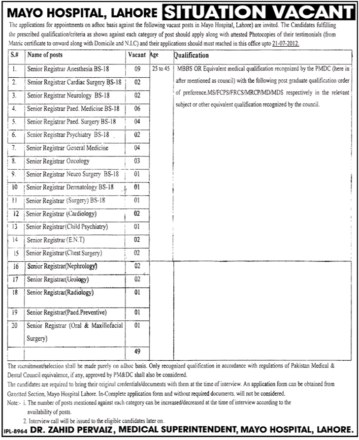 MAYO Hospital Lahore Requires Senior Medical Registrars (Govt. job)