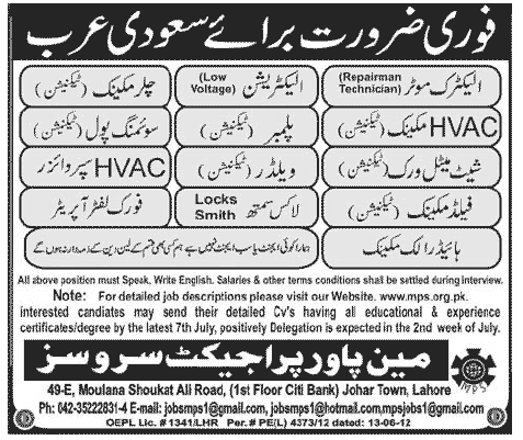 Technical and Mechanical Staff Required for Saudi Arabia