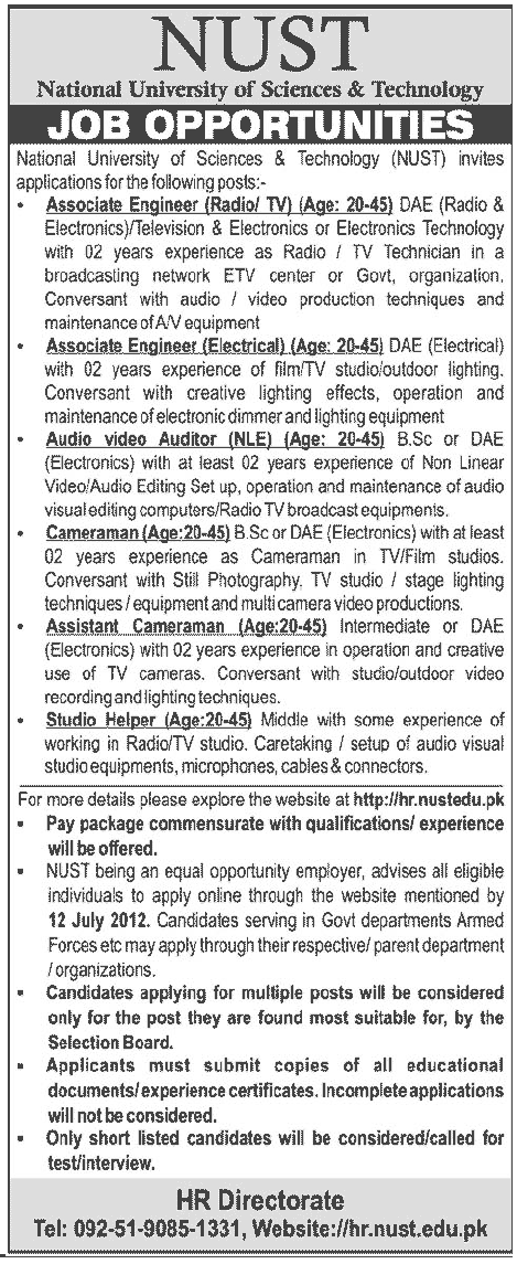 NUST Requires Technical Engineers and Cameramen