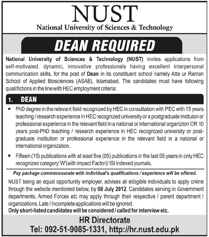 NUST Requires Dean of Atta ur Rehman School of Applied Biosciences (ASAB)