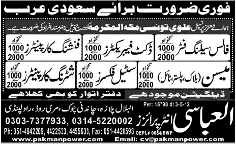 Construction Staff Required for Saudi Arabia