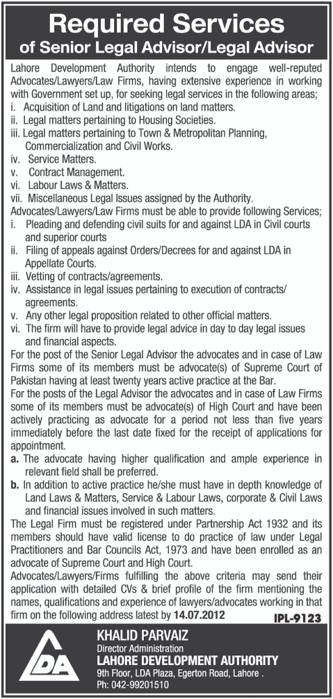 LDA Lahore Development Authority Requires Legal Advisors (Govt. job)