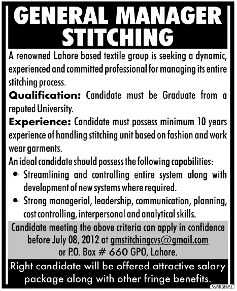 General Manager Stitching Required by a Textile Group