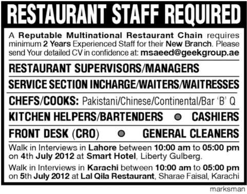 Restaurant Staff Required