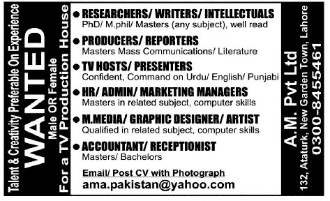 TV Production House Requires Admin Staff, TV Hosts and Accounts Staff