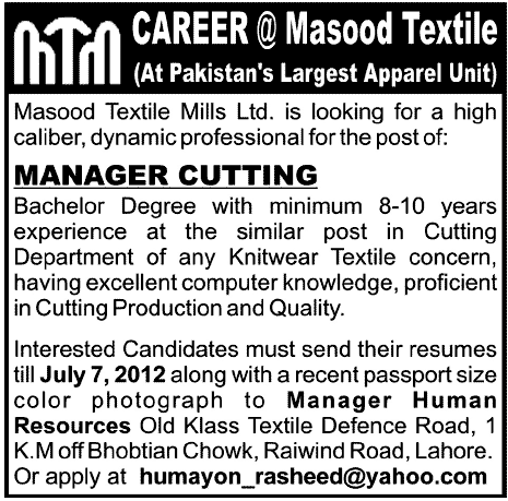 Manager Cutting Required at Textile Mill