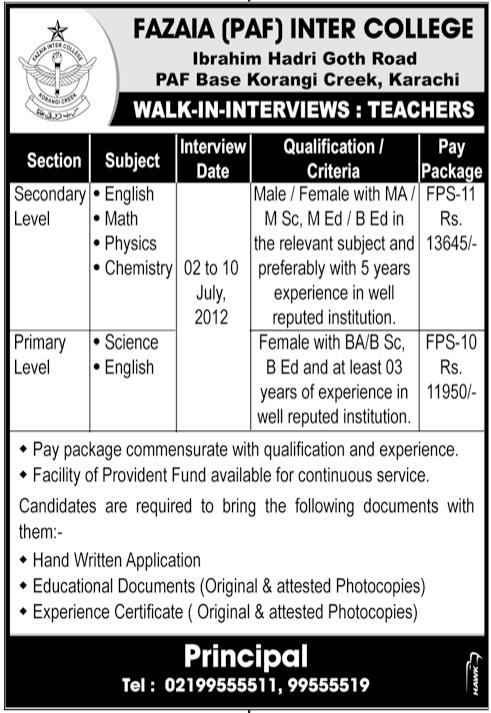 PAF Inter College Requires Teaching Staff