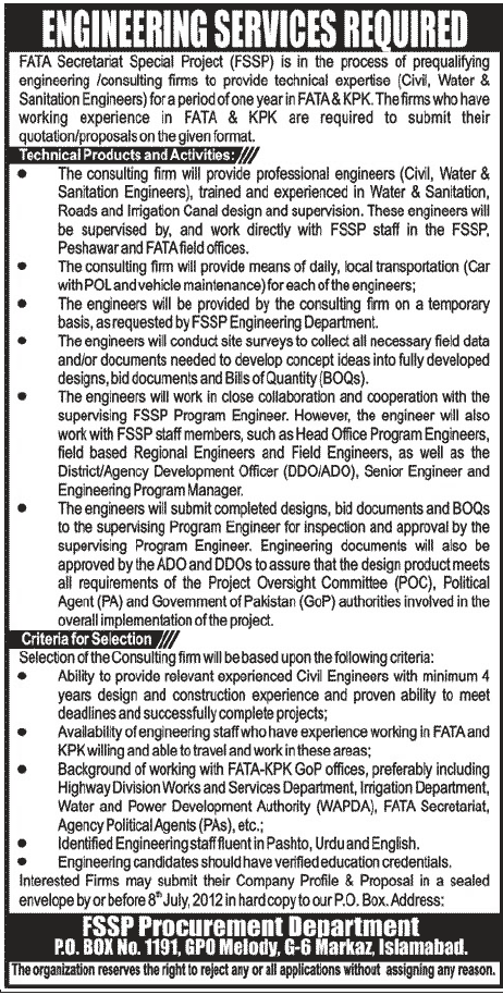 Engineering Services Required Under FATA Secretariat Special Project (FSSP) (Govt. job)