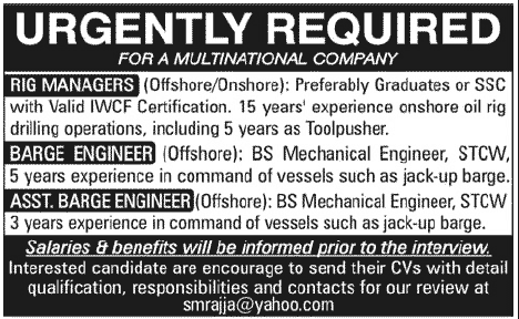 Manager and Engineering Staff Required for a Multinational Company