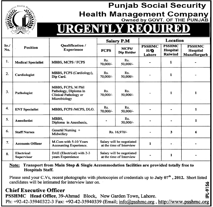 Specialist Doctors Required by Punjab Social Security Health Management Company (Govt. job)