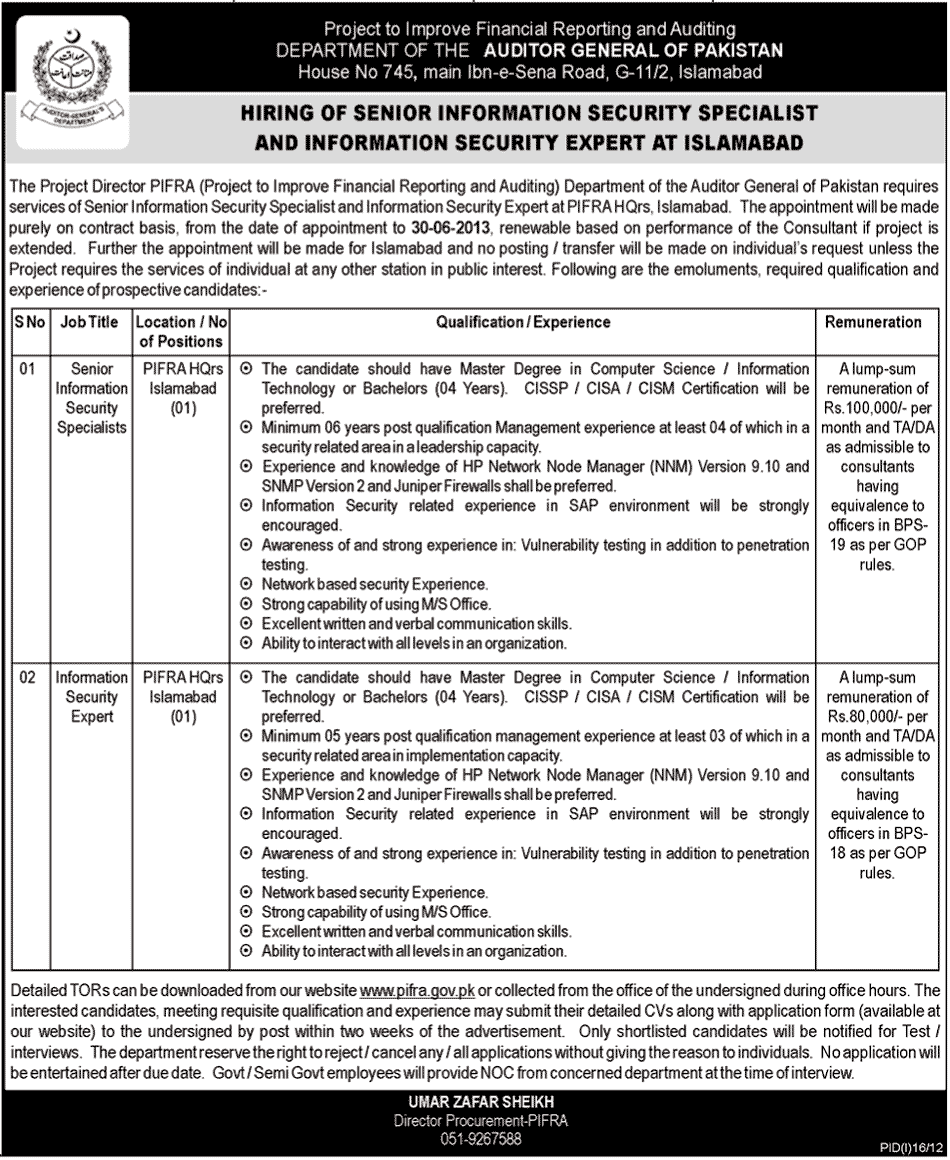 Senior Information Security Specialist and Information Security Expert Required at Department of The Auditor General of Pakistan (PIFRA HQrs) (Govt. job)