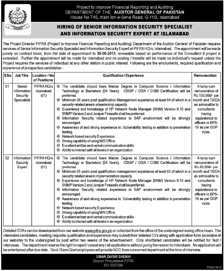 Senior Information Security Specialist and Information Security Expert Required at Department of The Auditor General of Pakistan (PIFRA HQrs) (Govt. job)