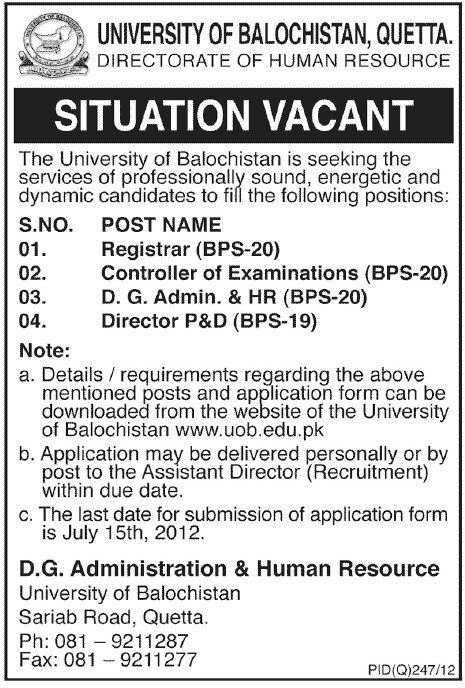 Non-Teaching Faculty Required at University of Balochistan (Govt. job)