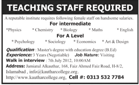 Female Teaching Staff Required at a Private Institute