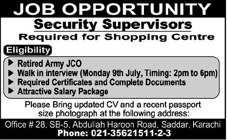 Security Supervisors Required for a Shopping Centre