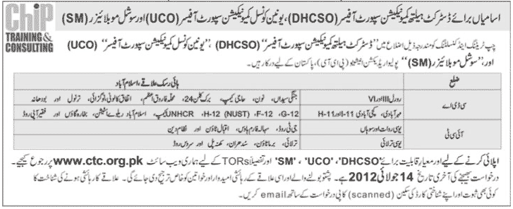 DHCSO, UCO and Social Mobilizer (SM) Jobs at Chip Training & Consulting Organization