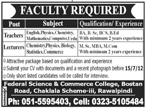 Teaching Staff Required at Federal Science & Commerce College