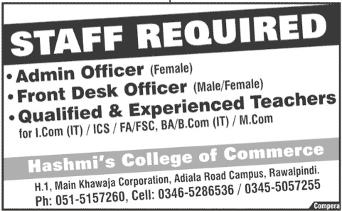 Teaching and Administration Staff Required at Hashmi's College of Commerce