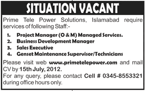 Technical Management Job at Prime Tele Power Solutions