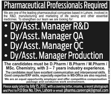 Pharmaceutical Professionals Required at a Leading Pharmaceutical Company