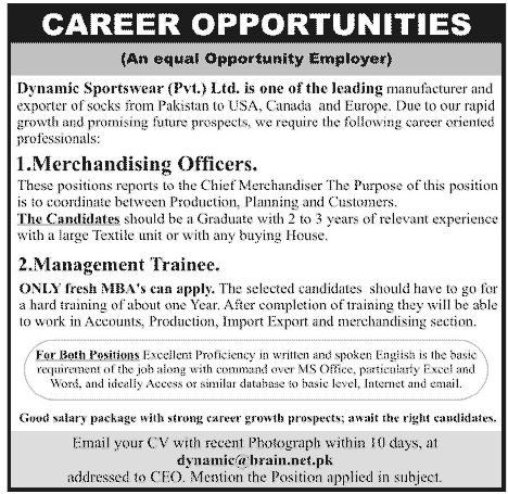 A Manufacturing and Export Company Requires Merchandising Officers and Management Trainee (Private Sector job)
