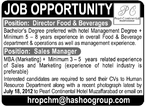 Director Food & Beverages and Sales Manager Job at PC Hotel