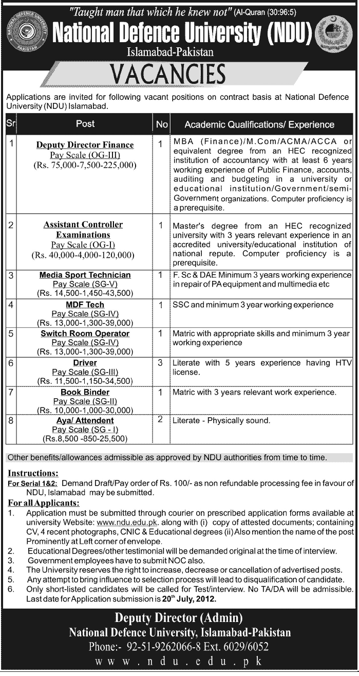 National Defense University (NDU) Requires Administration and Technical Staff (Govt. job)