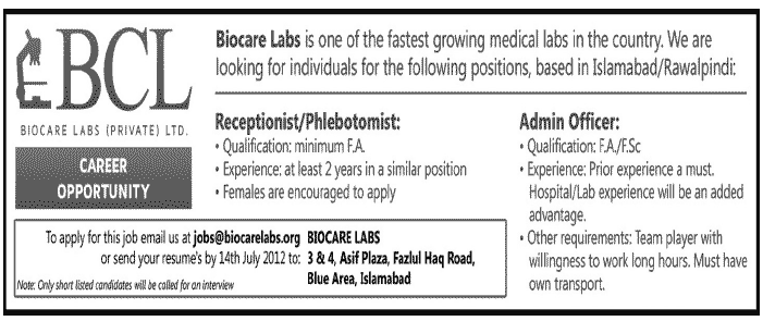 Bio Care Labs (BCL) Pvt. Ltd Required Admin Officer and Receptionist