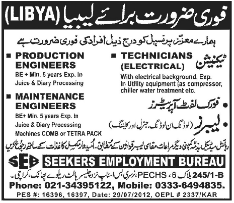 Technical Staff and Labours Required for Libya