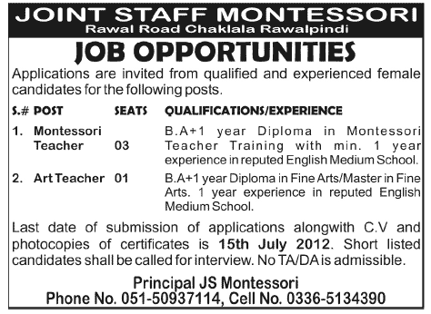 Joint Staff Montessori School Requires Montessori Teacher and Art Teacher