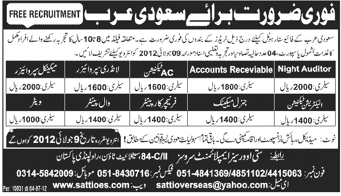 Accounts Staff and Technical Staff Required for Saudi Arabia