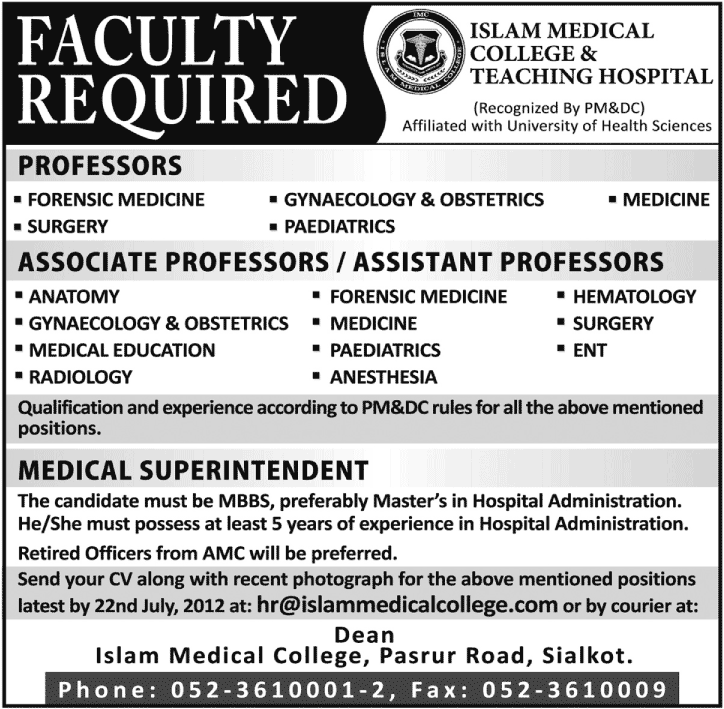 Medical Teaching Faculty Required at Islam Medical College & Teaching Hospital