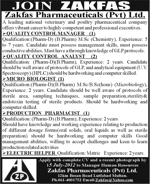 A Pharmaceuticals (Pvt) Ltd. Company Requires QC Manager, Analyst and Pharmacist