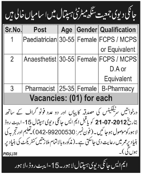 Female Medical Medicals Doctors Required at Janki Devi Jamiat Singh Maternity Hospital