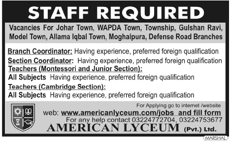 Teaching and Non-Teaching Staff Required at American Lyceum PVT. Ltd.