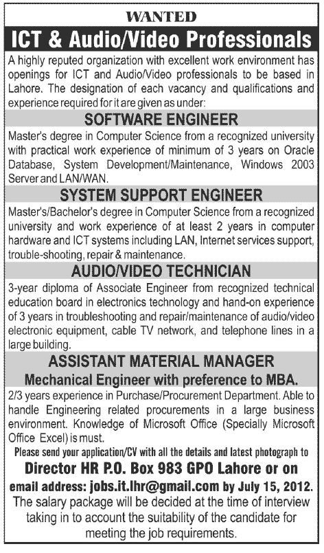 ICT and Audio/Video Prfessionals Required at a well Reputed Organization