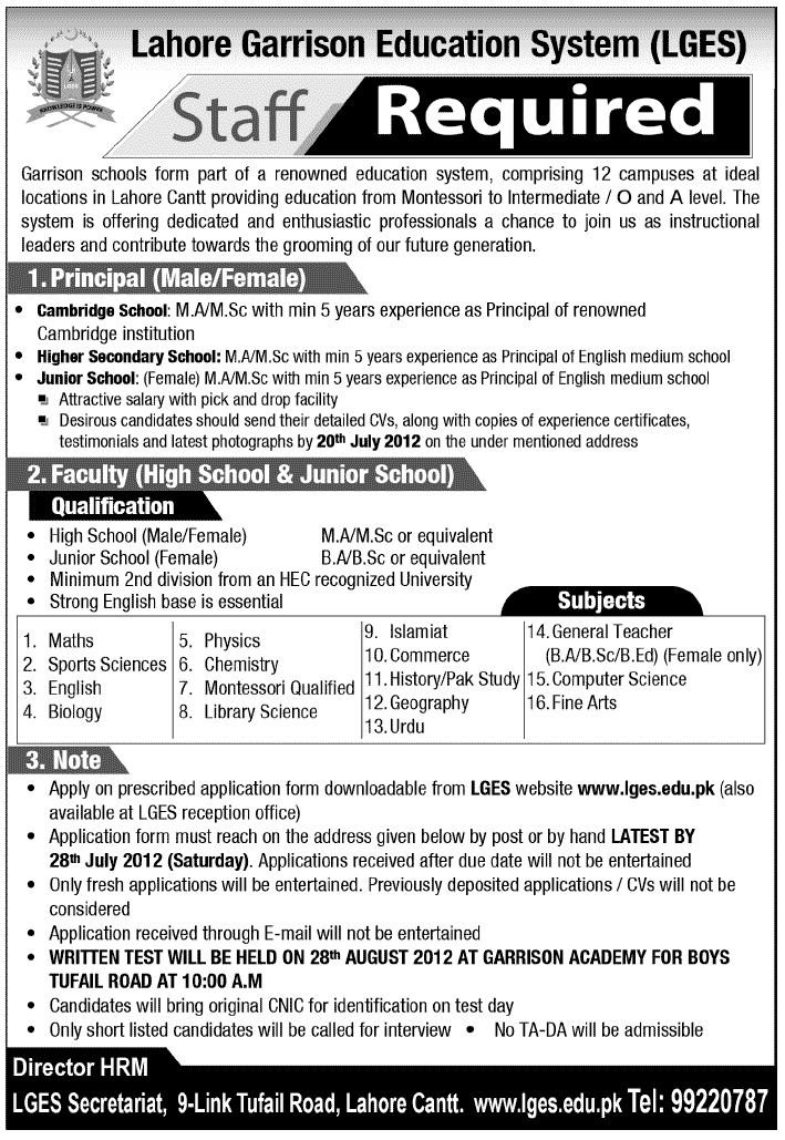 Lahore Garrison Education System (LGES) Requires Teaching Faculty and Principal
