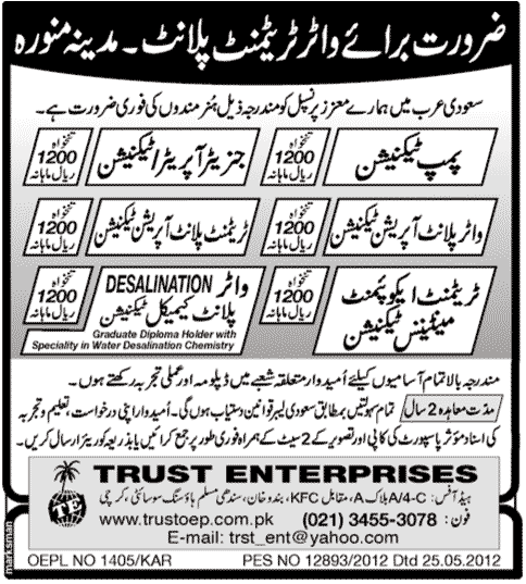 Technical Staff Required for Water Treatment Plant (Medina Munawarah)