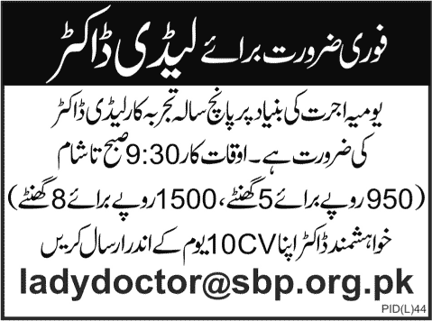 Lady Doctor Job at Daily Wages Basis