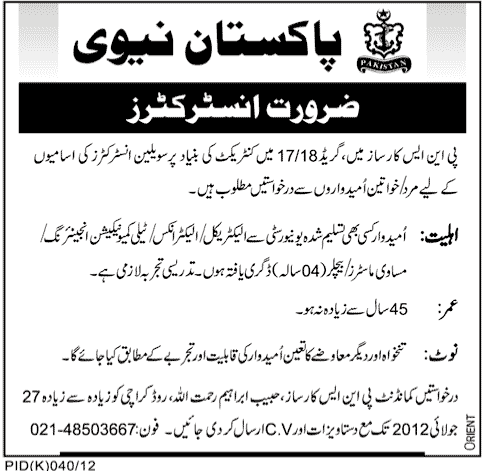 PNS Karsaz Requires Civilian Instructors (Pakistan Navy Jobs) (Govt. jobs)