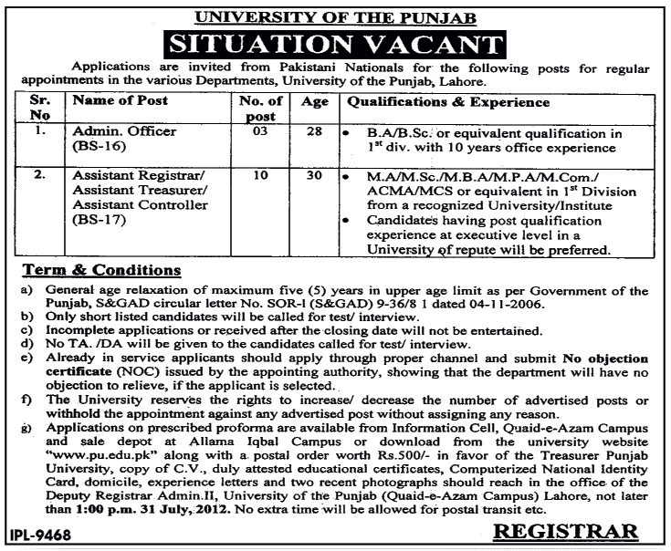 University of The Punjab Requires Admin Staff