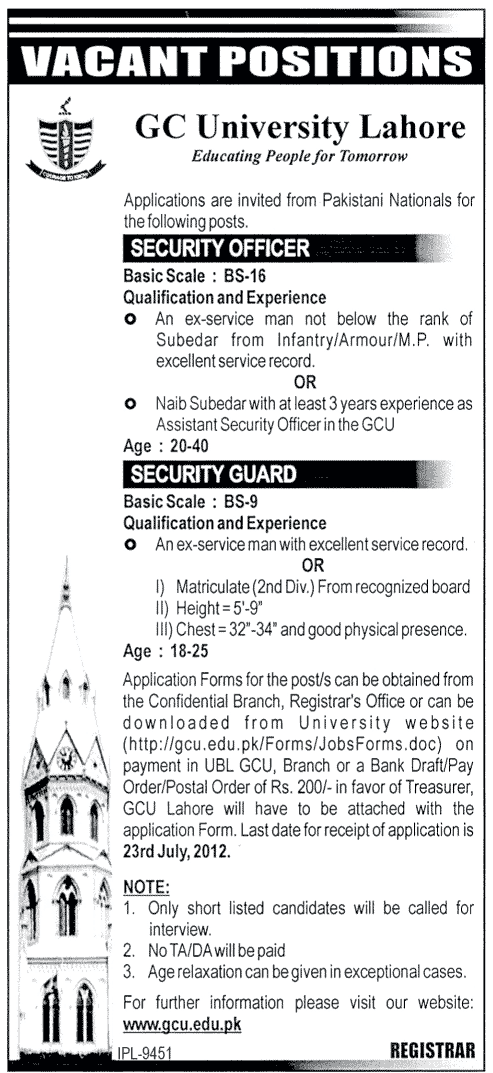 Security Staff Required at GC University Lahore (Govt. job)