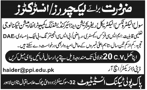 Pak Polytechnic Institute Requires Instructors/ Lecturers