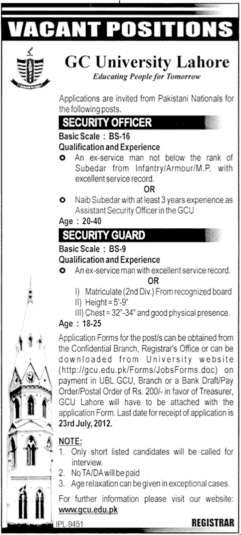 Security Staff Required at GC University Lahore (Govt. job)