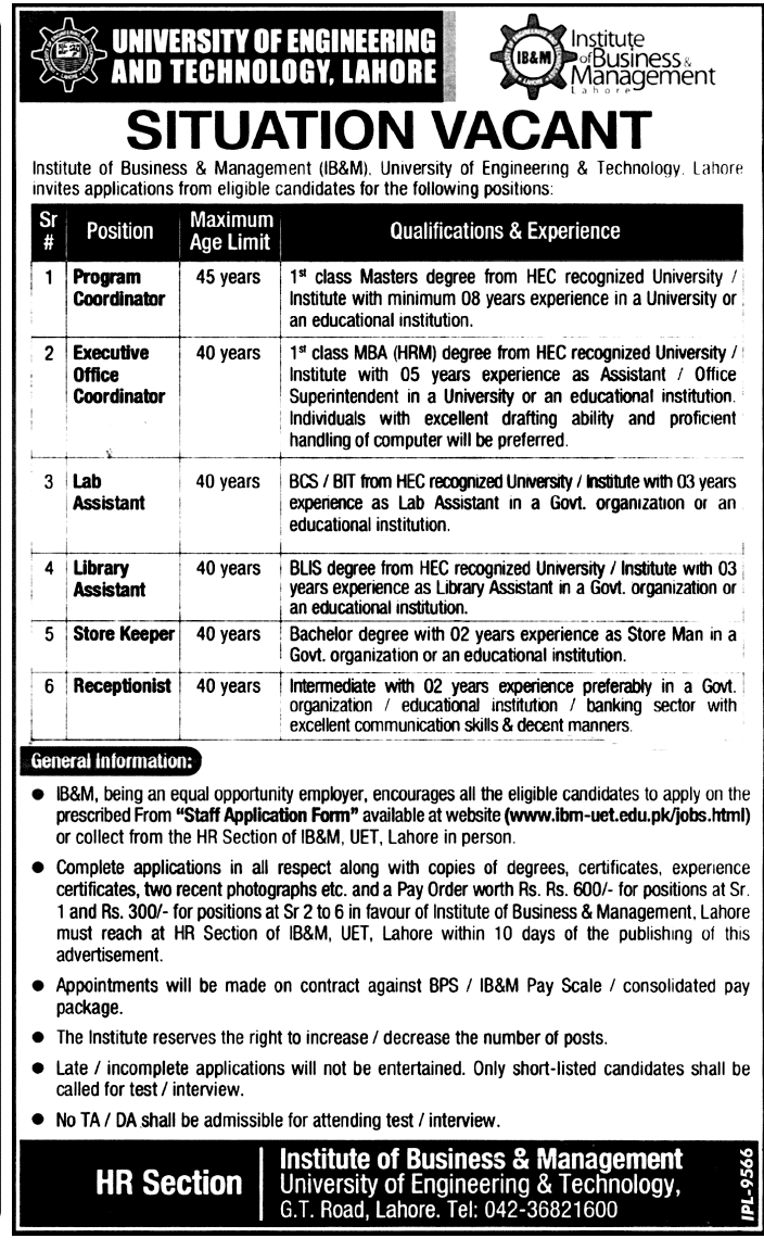 UET Institute of Business & Management Requires Coordinators and Administration Staff